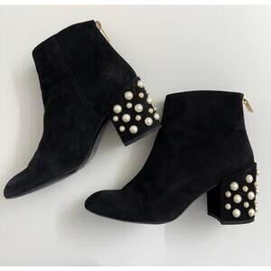 Stuart Weitzman Pearl Bacari Velvet Block Heel Booties Black Maximalist Sz 6.5